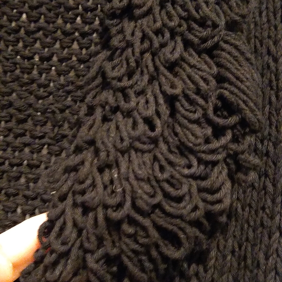 Black Sweater Hand Made knit loop fringe button-down cardigan, L - Picture 5 of 10